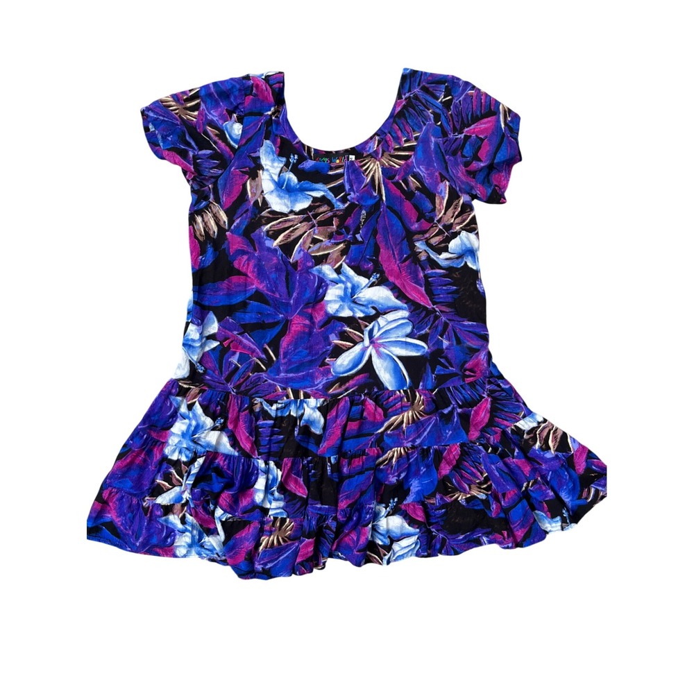 Jams World Dress Medium Floral Tropical Print Rayon‎ Tiered Ruffle Hem, Medium